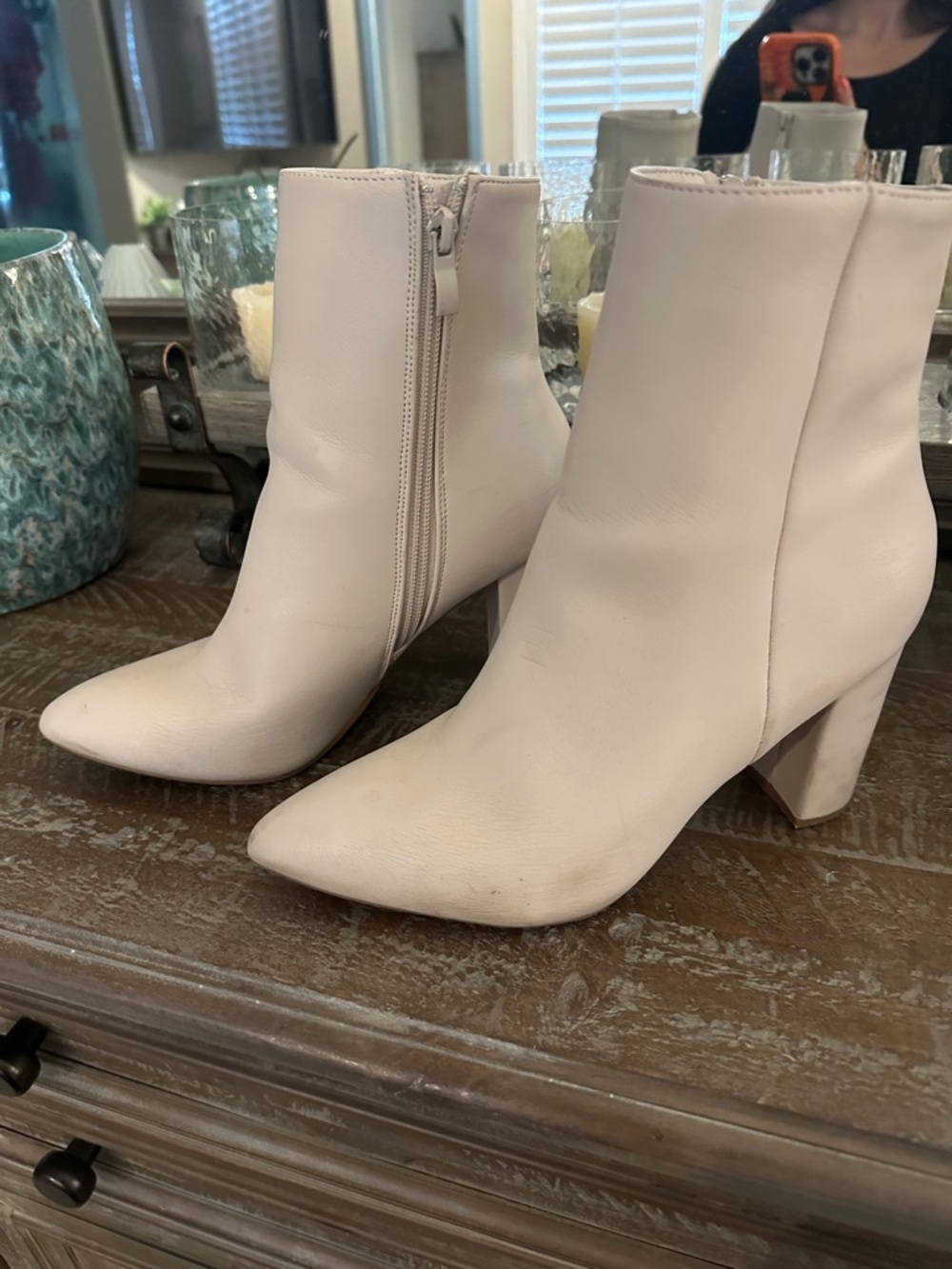 Women's Cream Pointed Toe Block Heel Ankle Boots